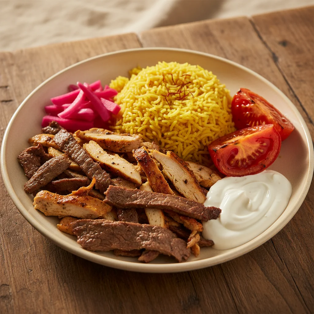 Shawarma-Teller mit Reis, Fleisch und Saucen